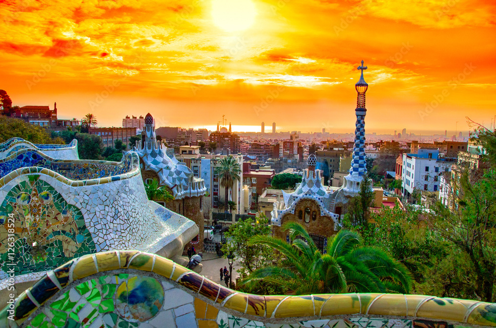View of the city from Park Guell in Barcelona, Spain  - obrazy, fototapety, plakaty 