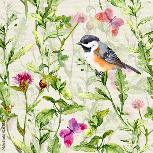 Fototapeta na wymiar Small bird, spring meadow grass, flowers, butterflies. Repeating pattern. Watercolor