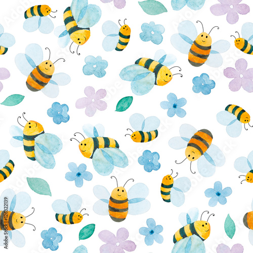 Cotton fabric watercolor pattern of smiling bee