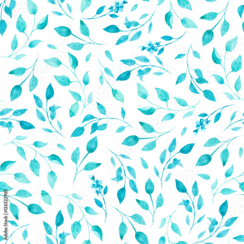 pattern of watercolor blue and green leaves and flowers