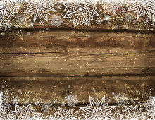 Wooden Brown Christmas Background With Snowflakes And Stars, Vec