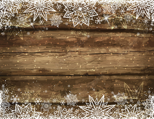 Foto-Kissen - Wooden brown christmas background with snowflakes and stars, vec (von sunnyfrog)