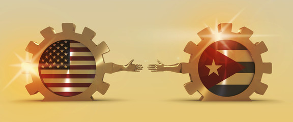 Wall Mural - Web Banner, Header Layout Template. Politic and economic relationship between USA and Cuba. National flags on golden cog wheels. 3D rendering