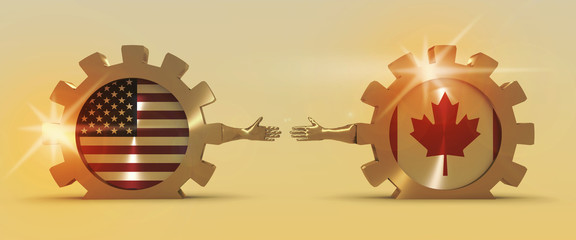 Wall Mural - Web Banner, Header Layout Template. Politic and economic relationship between USA and Cuba. National flags on golden cog wheels. 3D rendering