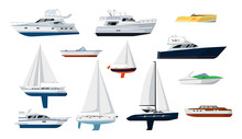 Motorboat And Sailboat Side View Set Isolated Vector Illustration. Ship, Pleasure Boat, Speedboat, Vessel, Cruise Ship, Luxury Yacht, Powerboat, Sailfish In Flat Design. Marine Sea Transport Icons.