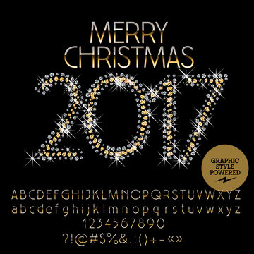 Vector glitter Merry Christmas 2017 greeting card with set of letters, symbols and numbers. File contains graphic styles