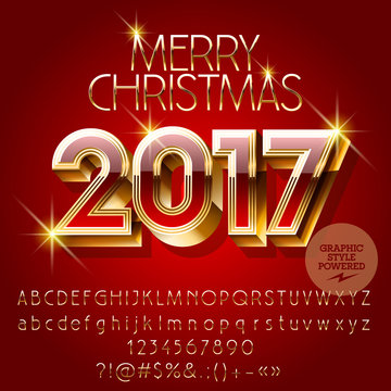 Vector chic red Happy New Year 2017 greeting card with set of letters, symbols and numbers. File contains graphic styles