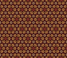 Seamless Vector Pattern Of Geometric Flowers And Leaves On Brown Background. It Can Be Used For Scrap-booking, Textile And Clothes Printing, Web Design Or Packaging Materials.
