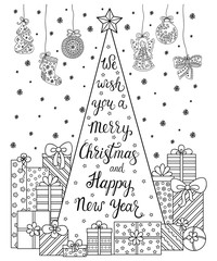 Doodle pattern. Lettering We wish you a Merry Christmas and Happy New Year. Christmas decorations, Christmas tree, gifts, snow and streamers.Festive atmosphere - coloring book for children and adults.