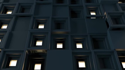 Poster - 
Abstract 3d rendering of several cubes. Background made of repetitive square blocks. Loopable detailed sequence.