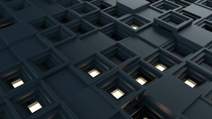 Poster - 
Abstract 3d rendering of several cubes. Background made of repetitive square blocks. Loopable detailed sequence.
