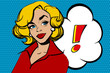 Pop art smiling blonde woman face with red lips. Comic woman with speech bubble. Vector illustration on a blue dotted background.