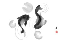 Black Koi Carps Hand Drawn In Traditional Japanese Style Sumi-e . Contains Hieroglyphs "luck" And "love"