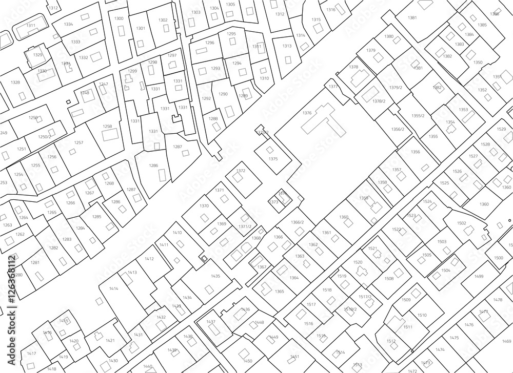 Imaginary cadastral map of territory with buildings and roads without names. Example cadastral plan. Urban planning background - obrazy, fototapety, plakaty 