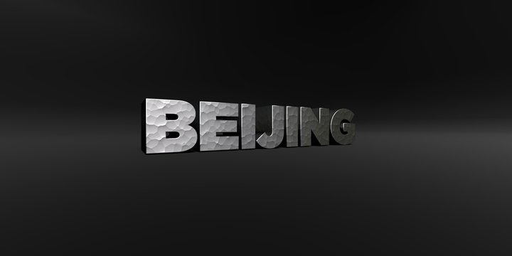 BEIJING - hammered metal finish text on black studio - 3D rendered royalty free stock photo. This image can be used for an online website banner ad or a print postcard.