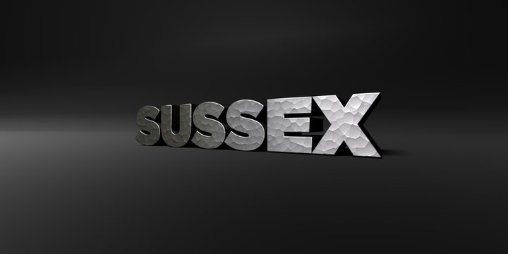 SUSSEX - hammered metal finish text on black studio - 3D rendered royalty free stock photo. This image can be used for an online website banner ad or a print postcard.