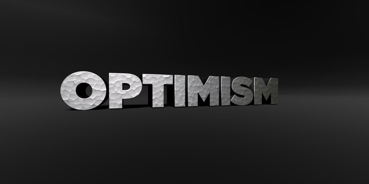 OPTIMISM - hammered metal finish text on black studio - 3D rendered royalty free stock photo. This image can be used for an online website banner ad or a print postcard.