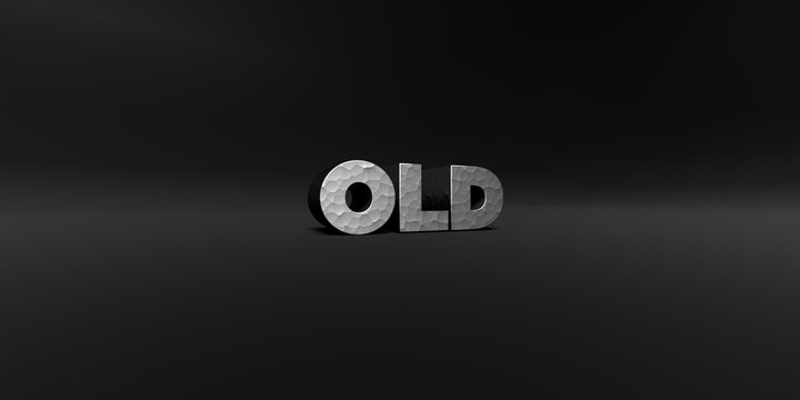 OLD - hammered metal finish text on black studio - 3D rendered royalty free stock photo. This image can be used for an online website banner ad or a print postcard.