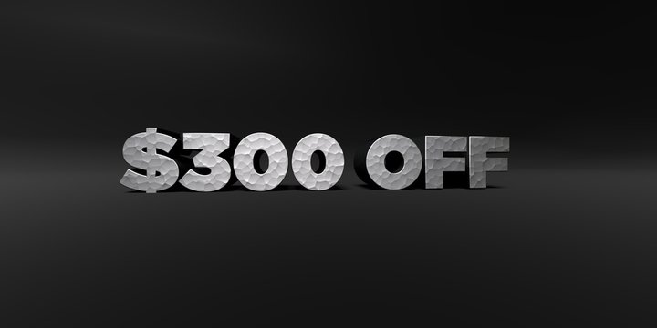 $300 OFF - hammered metal finish text on black studio - 3D rendered royalty free stock photo. This image can be used for an online website banner ad or a print postcard.