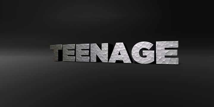 TEENAGE - hammered metal finish text on black studio - 3D rendered royalty free stock photo. This image can be used for an online website banner ad or a print postcard.