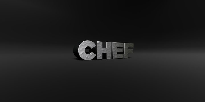 CHEF - hammered metal finish text on black studio - 3D rendered royalty free stock photo. This image can be used for an online website banner ad or a print postcard.