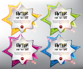 Wall Mural - Abstract banner set of 4. Star shaped paper notes on the hand-drawn design with realistic light and shadow on the white background. Each item contains space for own text. Vector illustration. Eps10.