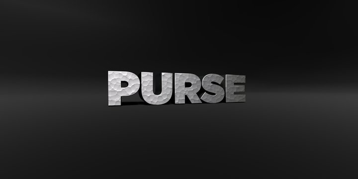 PURSE - hammered metal finish text on black studio - 3D rendered royalty free stock photo. This image can be used for an online website banner ad or a print postcard.