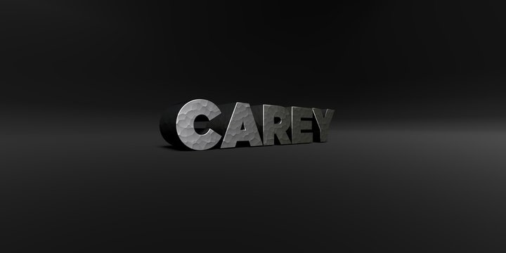 CAREY - hammered metal finish text on black studio - 3D rendered royalty free stock photo. This image can be used for an online website banner ad or a print postcard.