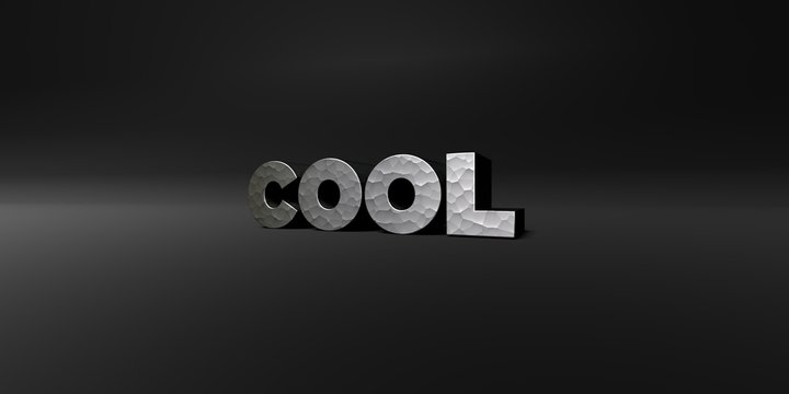 COOL - hammered metal finish text on black studio - 3D rendered royalty free stock photo. This image can be used for an online website banner ad or a print postcard.