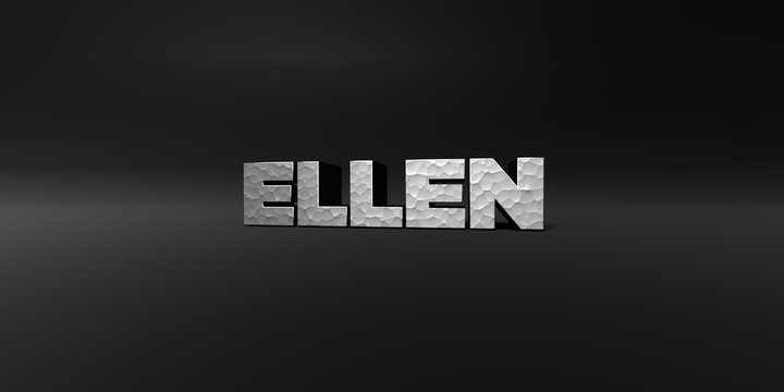 ELLEN - hammered metal finish text on black studio - 3D rendered royalty free stock photo. This image can be used for an online website banner ad or a print postcard.