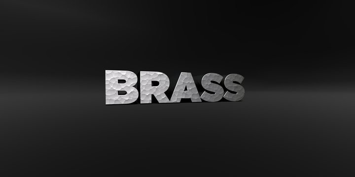 BRASS - hammered metal finish text on black studio - 3D rendered royalty free stock photo. This image can be used for an online website banner ad or a print postcard.
