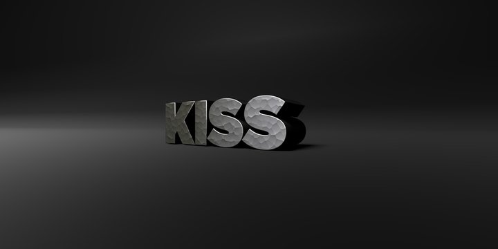KISS - hammered metal finish text on black studio - 3D rendered royalty free stock photo. This image can be used for an online website banner ad or a print postcard.