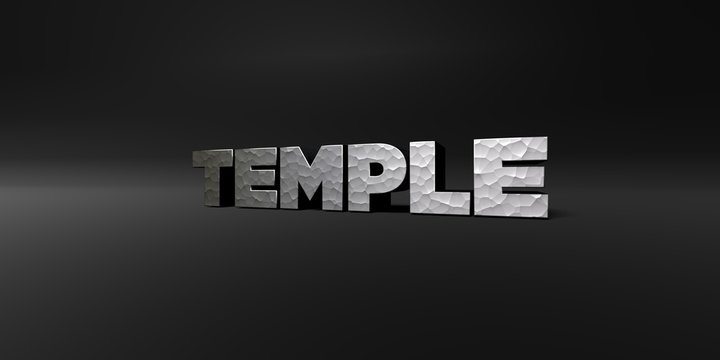 TEMPLE - hammered metal finish text on black studio - 3D rendered royalty free stock photo. This image can be used for an online website banner ad or a print postcard.