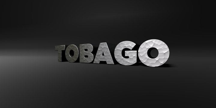 TOBAGO - hammered metal finish text on black studio - 3D rendered royalty free stock photo. This image can be used for an online website banner ad or a print postcard.