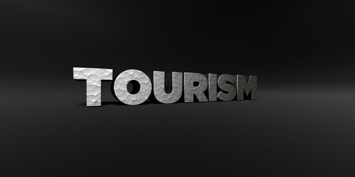 TOURISM - hammered metal finish text on black studio - 3D rendered royalty free stock photo. This image can be used for an online website banner ad or a print postcard.