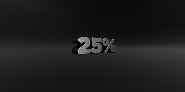 25% - hammered metal finish text on black studio - 3D rendered royalty free stock photo. This image can be used for an online website banner ad or a print postcard.