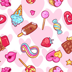 Fototapete - Seamless kawaii pattern with sweets and candies. Crazy sweet-stuff in cartoon style