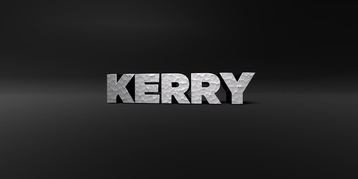 KERRY - hammered metal finish text on black studio - 3D rendered royalty free stock photo. This image can be used for an online website banner ad or a print postcard.