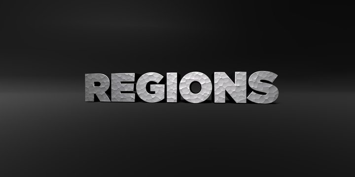 REGIONS - hammered metal finish text on black studio - 3D rendered royalty free stock photo. This image can be used for an online website banner ad or a print postcard.
