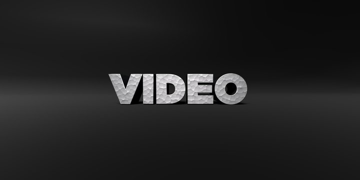 VIDEO - hammered metal finish text on black studio - 3D rendered royalty free stock photo. This image can be used for an online website banner ad or a print postcard.