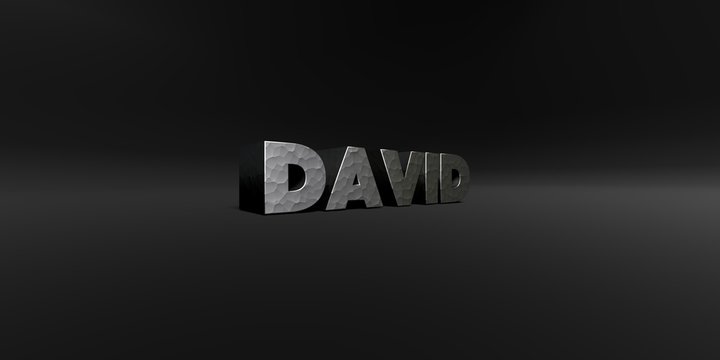 DAVID - hammered metal finish text on black studio - 3D rendered royalty free stock photo. This image can be used for an online website banner ad or a print postcard.