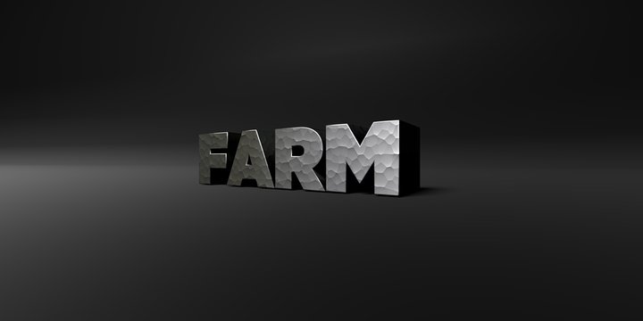 FARM - hammered metal finish text on black studio - 3D rendered royalty free stock photo. This image can be used for an online website banner ad or a print postcard.