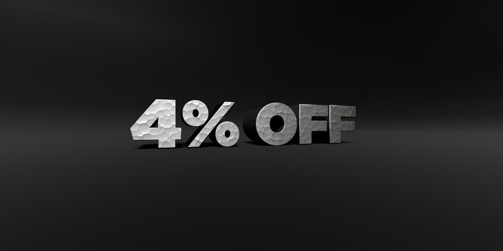 4% OFF - hammered metal finish text on black studio - 3D rendered royalty free stock photo. This image can be used for an online website banner ad or a print postcard.