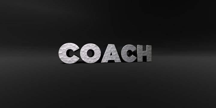 COACH - hammered metal finish text on black studio - 3D rendered royalty free stock photo. This image can be used for an online website banner ad or a print postcard.