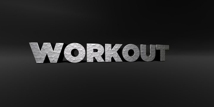 WORKOUT - hammered metal finish text on black studio - 3D rendered royalty free stock photo. This image can be used for an online website banner ad or a print postcard.