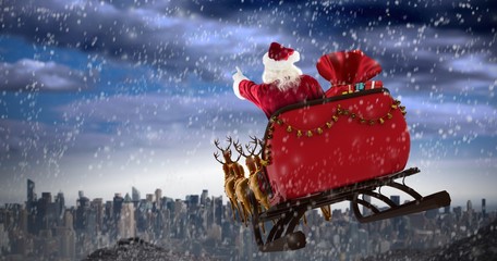 Poster - Composite image of santa claus riding on sled with gift box