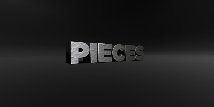 PIECES - hammered metal finish text on black studio - 3D rendered royalty free stock photo. This image can be used for an online website banner ad or a print postcard.
