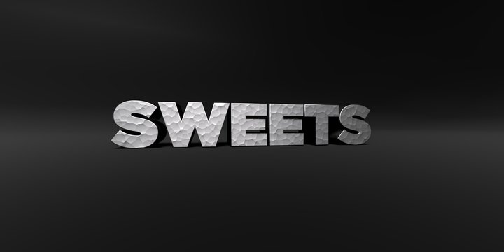 SWEETS - hammered metal finish text on black studio - 3D rendered royalty free stock photo. This image can be used for an online website banner ad or a print postcard.
