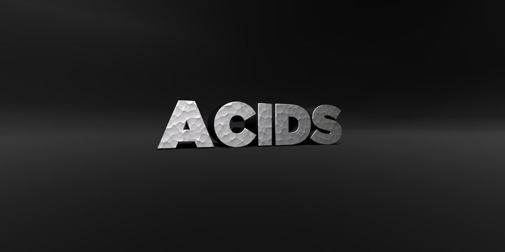ACIDS - hammered metal finish text on black studio - 3D rendered royalty free stock photo. This image can be used for an online website banner ad or a print postcard.