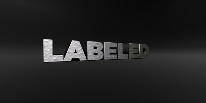 LABELED - hammered metal finish text on black studio - 3D rendered royalty free stock photo. This image can be used for an online website banner ad or a print postcard.